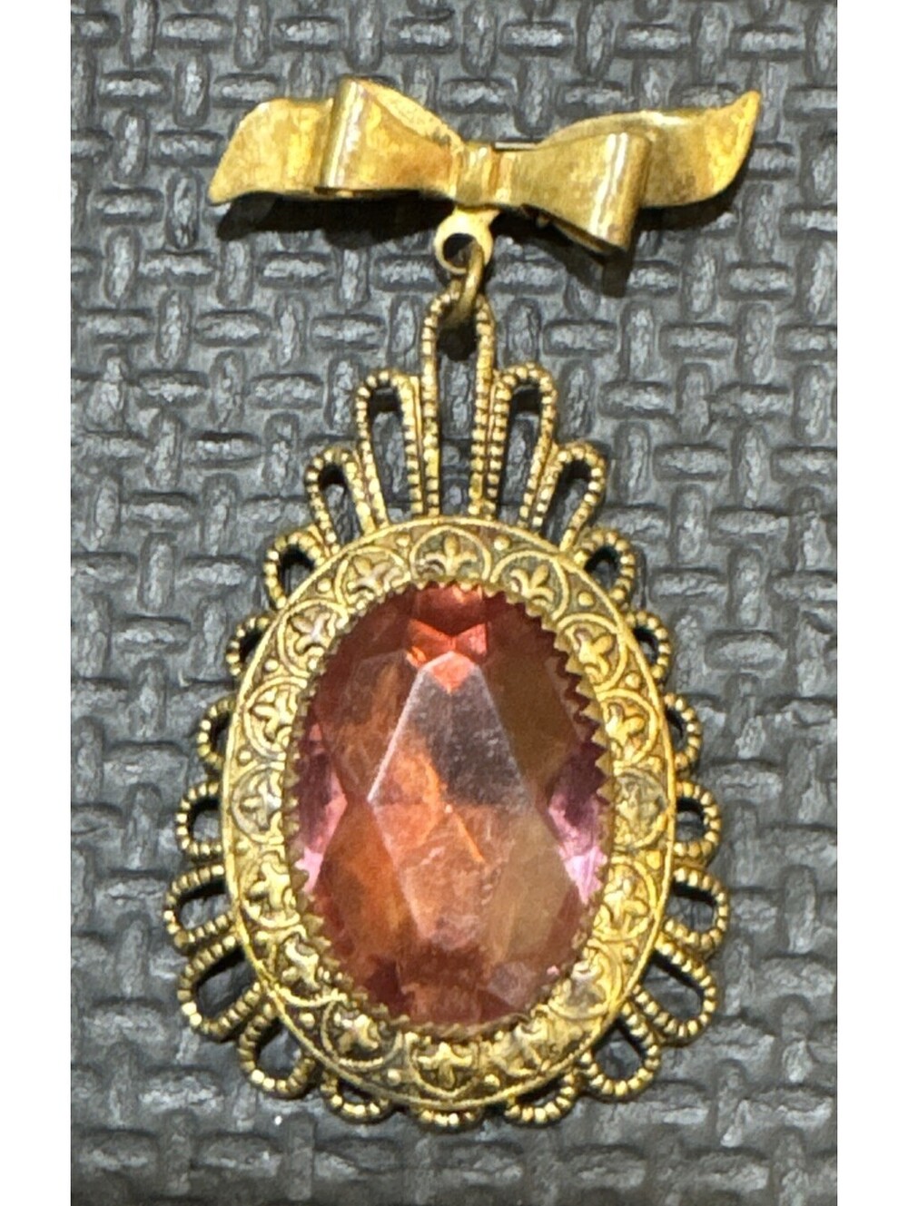 Vintage Faceted Faux Ruby Brass Filigree Brooch